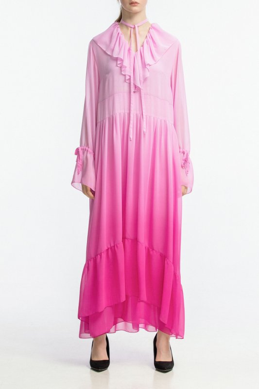 Многослойное шифоновое платье с розовым градиентом и воланами
