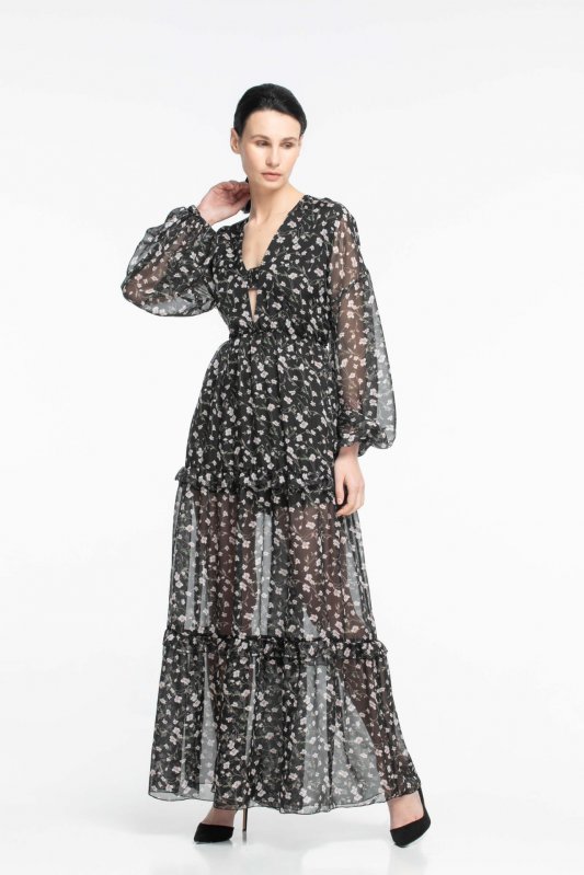 Черное длинное шифоновое платье в цветочный принт