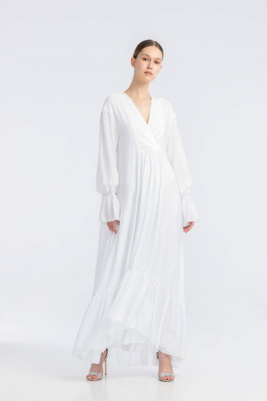 Біла сукня  з V-подібним вирізом і декоративним запахом