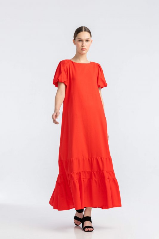 Червона лляна сукня з рукавом-буф