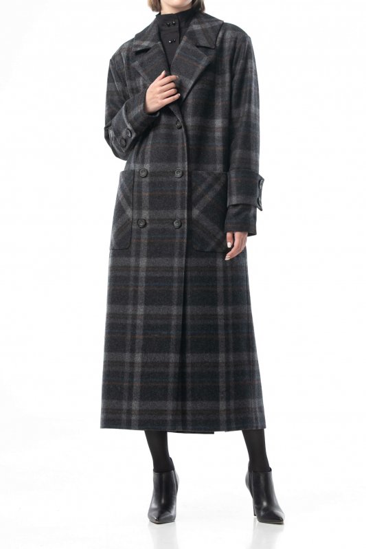 Вовняне двобортне пальто у велику темно-сіру клітинку