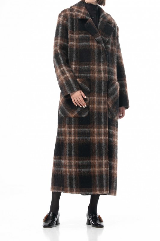 Чорне вовняне пальто в клітинку шоколадно-горіхового кольору