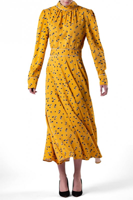 Желтое приталенное платье в цветочный принт