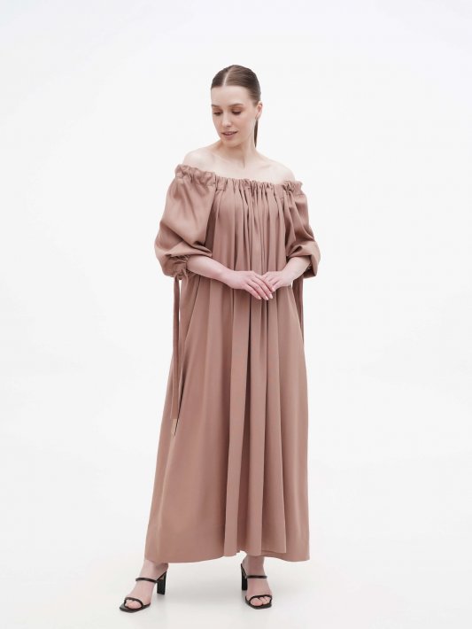 Льняное бежевое платье с завязками