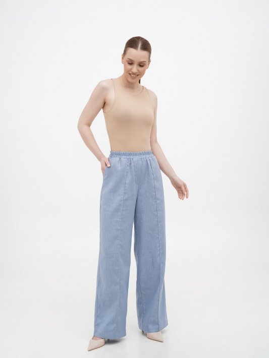 Брюки голубой лен на резинке
