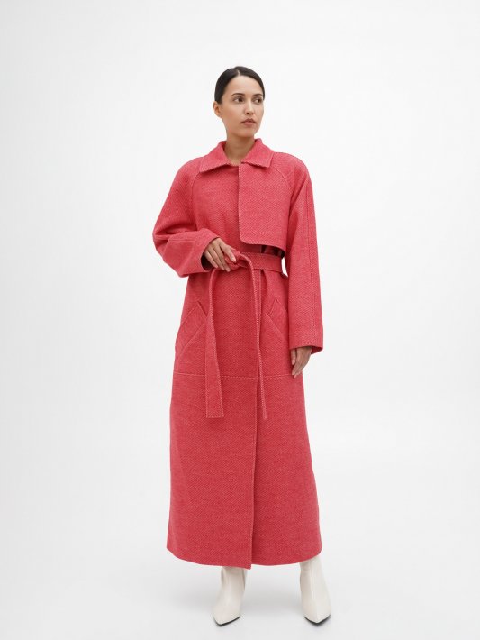 Червоне пальто максі з відлітною кокеткою