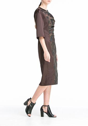 Платье коричневое со вставкой из жаккарда Фото 2