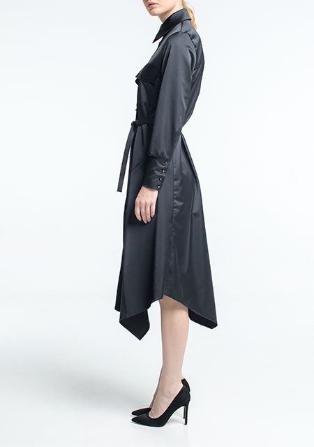Платье-рубашка черное с асимметричной юбкой Фото 2