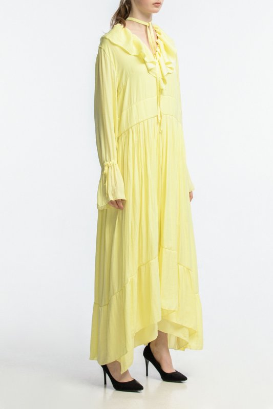 Многослойное шифоновое платье желтого цвета с воланами Фото 2