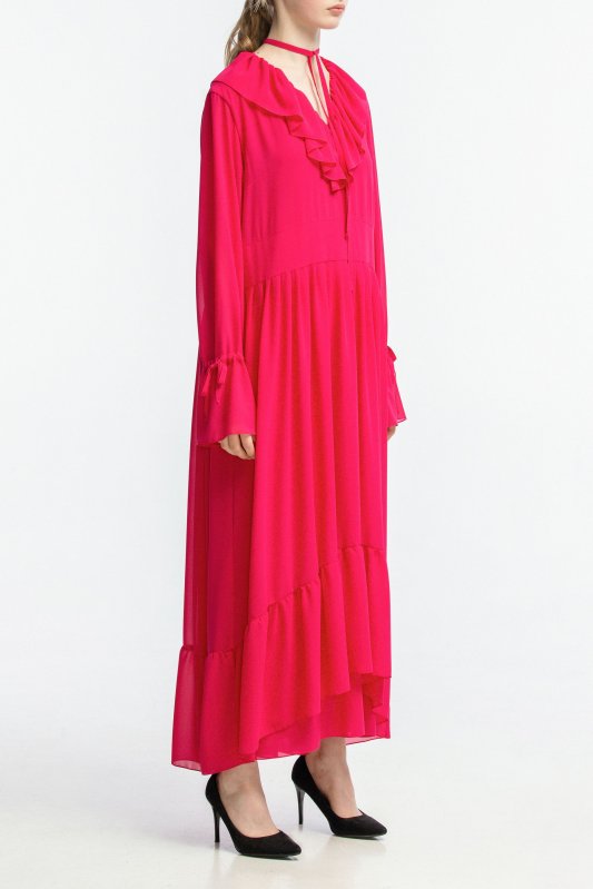Многослойное шифоновое платье цвета фуксии с воланами Фото 2