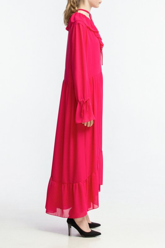 Многослойное шифоновое платье цвета фуксии с воланами Фото 3