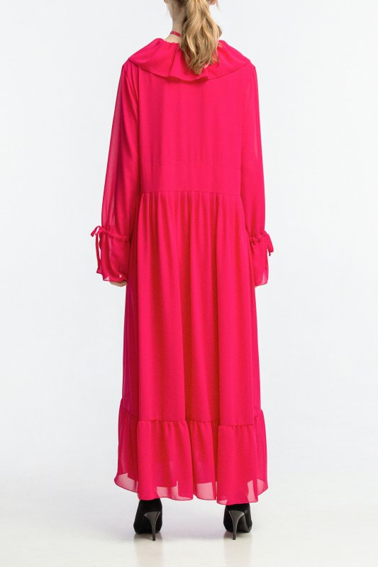 Многослойное шифоновое платье цвета фуксии с воланами Фото 4