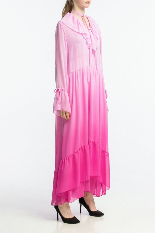 Многослойное шифоновое платье с розовым градиентом и воланами Фото 2