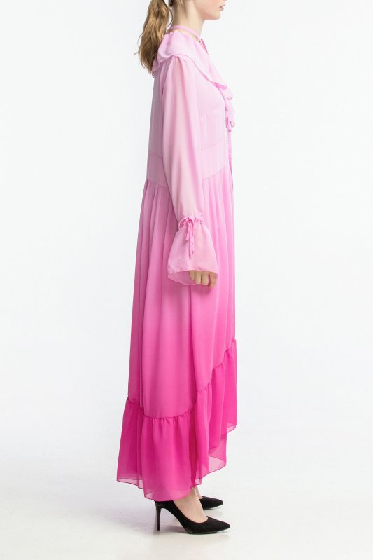 Многослойное шифоновое платье с розовым градиентом и воланами Фото 3