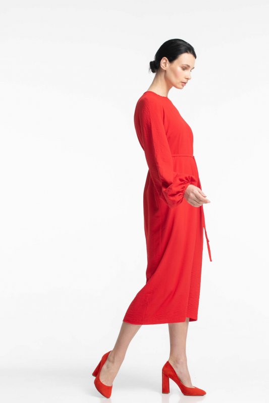 Червона сукня міді із збіркою на зап'ястях Фото 2