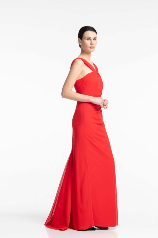 Червона сукня з декоративним декольте і шлейфом Фото 2