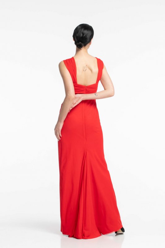 Червона сукня з декоративним декольте і шлейфом Фото 3
