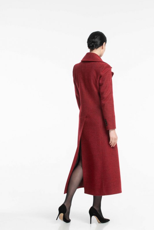 Длинное красное двубортное пальто Фото 3