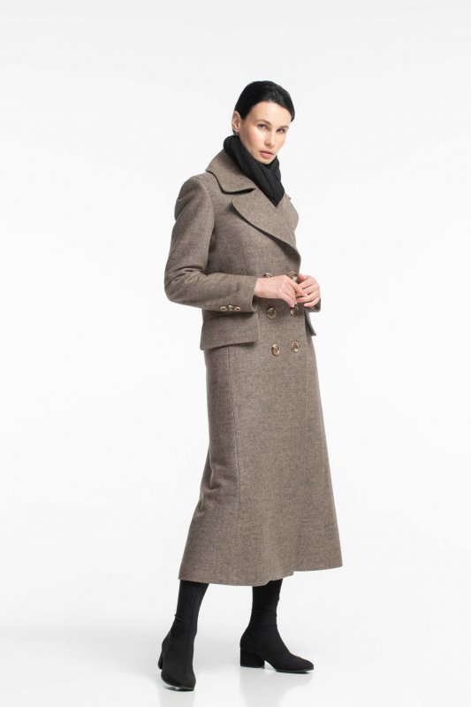 Длинное двубортное пальто кофейного цвета Фото 2