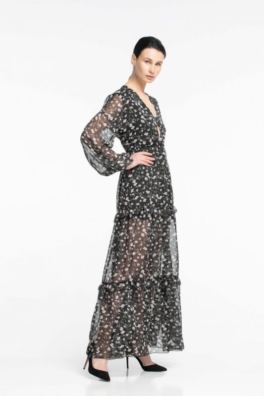 Черное длинное шифоновое платье в цветочный принт Фото 2