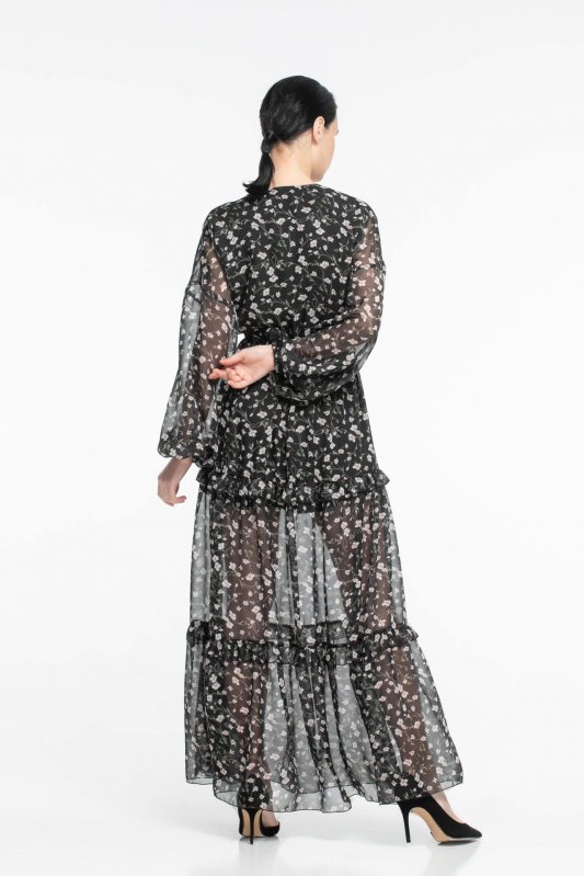 Черное длинное шифоновое платье в цветочный принт Фото 3