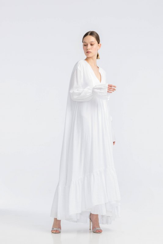 Біла сукня  з V-подібним вирізом і декоративним запахом Фото 2