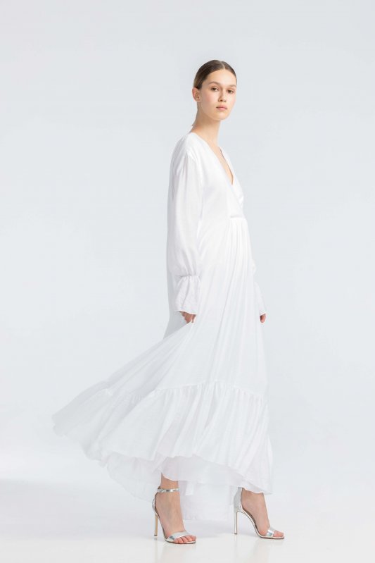 Біла сукня  з V-подібним вирізом і декоративним запахом Фото 3