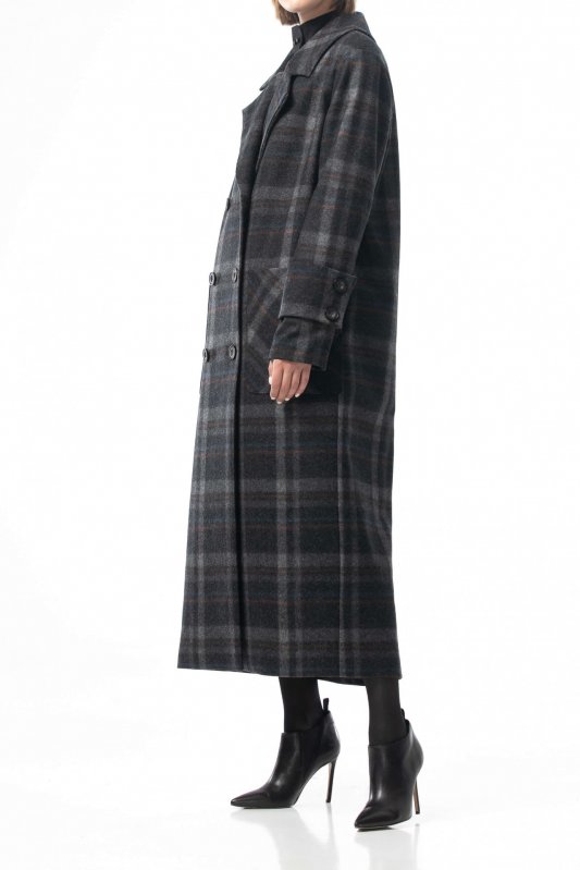 Вовняне двобортне пальто у велику темно-сіру клітинку Фото 2