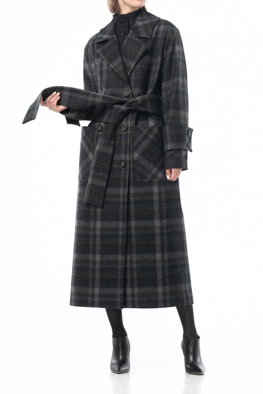Вовняне двобортне пальто у велику темно-сіру клітинку Фото 4