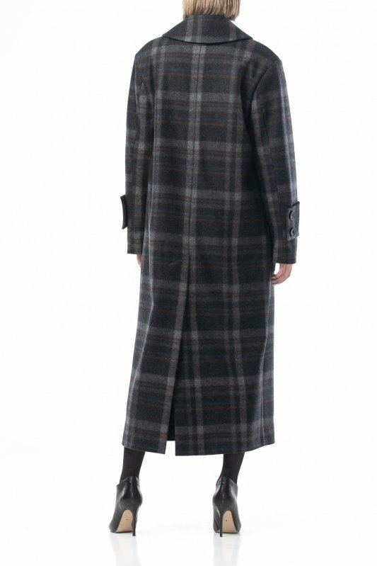 Вовняне двобортне пальто у велику темно-сіру клітинку Фото 3