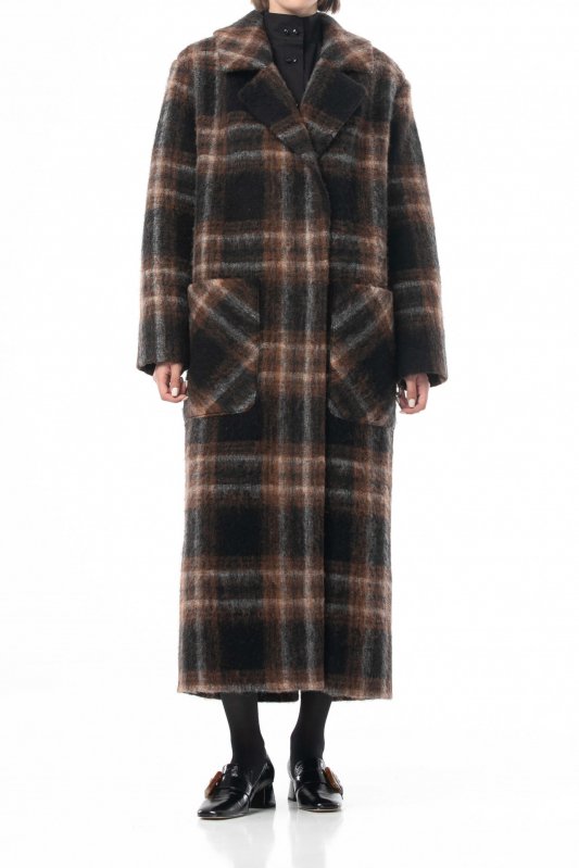 Чорне вовняне пальто в клітинку шоколадно-горіхового кольору Фото 2