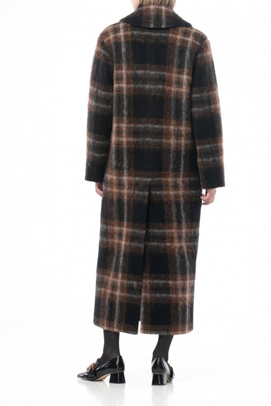 Чорне вовняне пальто в клітинку шоколадно-горіхового кольору Фото 4