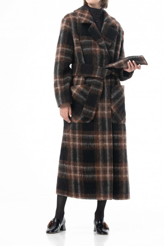 Чорне вовняне пальто в клітинку шоколадно-горіхового кольору Фото 5