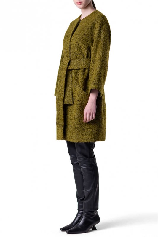Оливкове пальто букле вільного крою  Фото 2