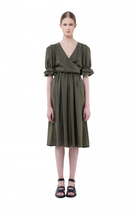 Льняное оливковое платье с рукавом-фонарик Фото 2