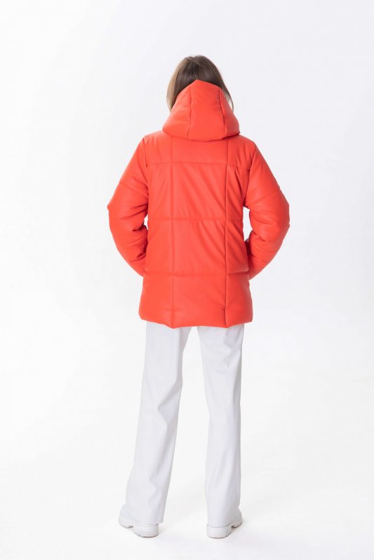 Зимняя красная куртка из екокожи с капюшоном Фото 5