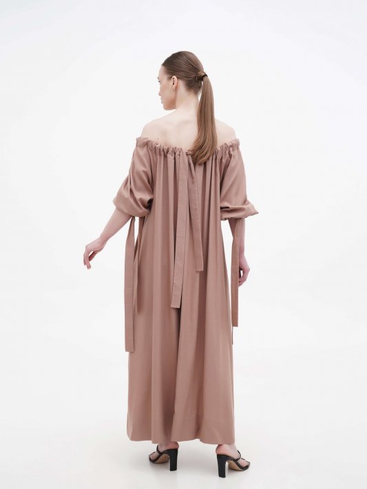 Льняное бежевое платье с завязками Фото 4